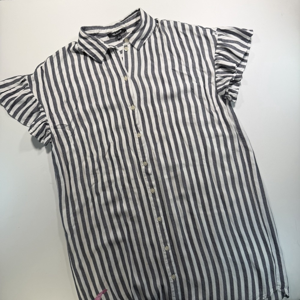 Madewell Dress Black White Striped S‎ Flutter Sleeve Button Down Classic